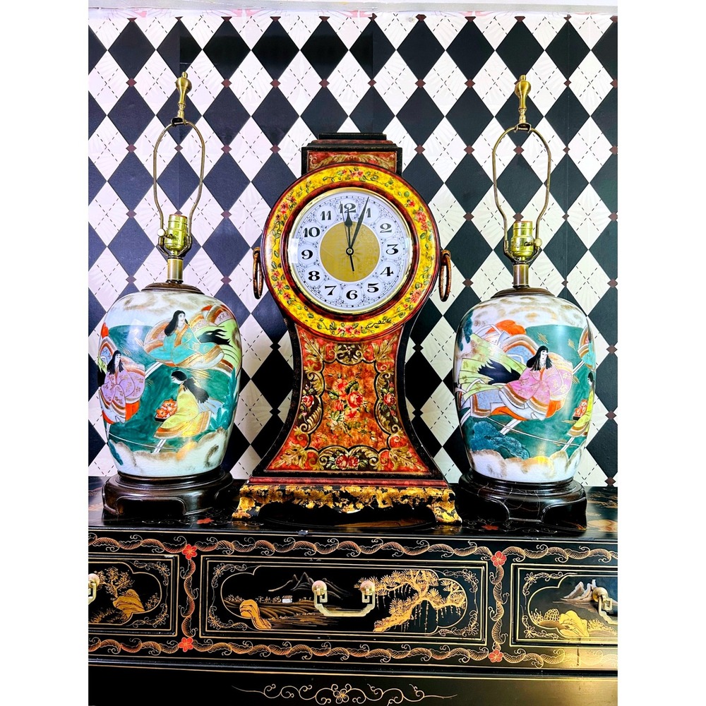 Oversized 2ft Tall Italian Florentine Style Mantel Clock Hand Painted